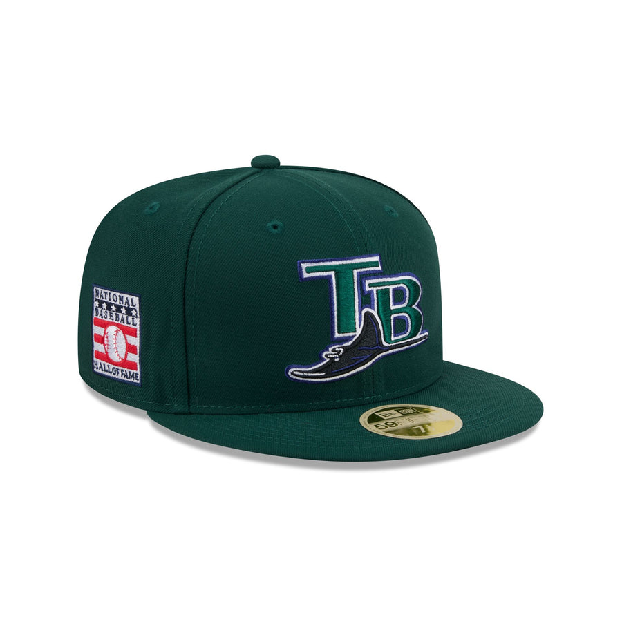 Tampa Bay Devil Rays 2004-07 throwback cap, dark green with a TB and a ray sunburst, Hall of Fame side patch
