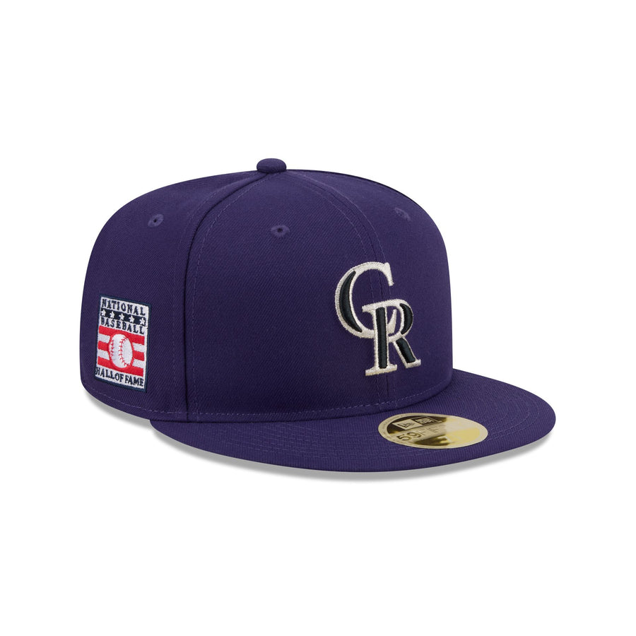 Colorado Rockies throwback cap, an all-purple crown and brim with a silver interlocked CR, Hall of Fame side patch