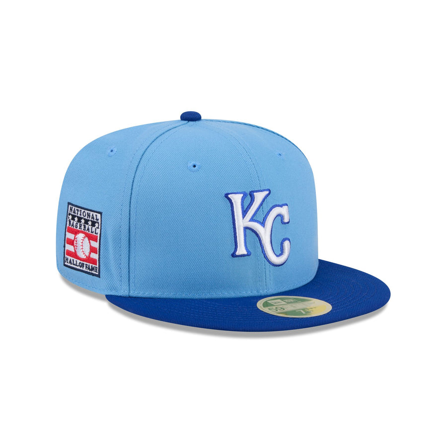 Kansas City Royals throwback cap, powder blue crown with a royal blue brim and a white KC, Hall of Fame side patch
