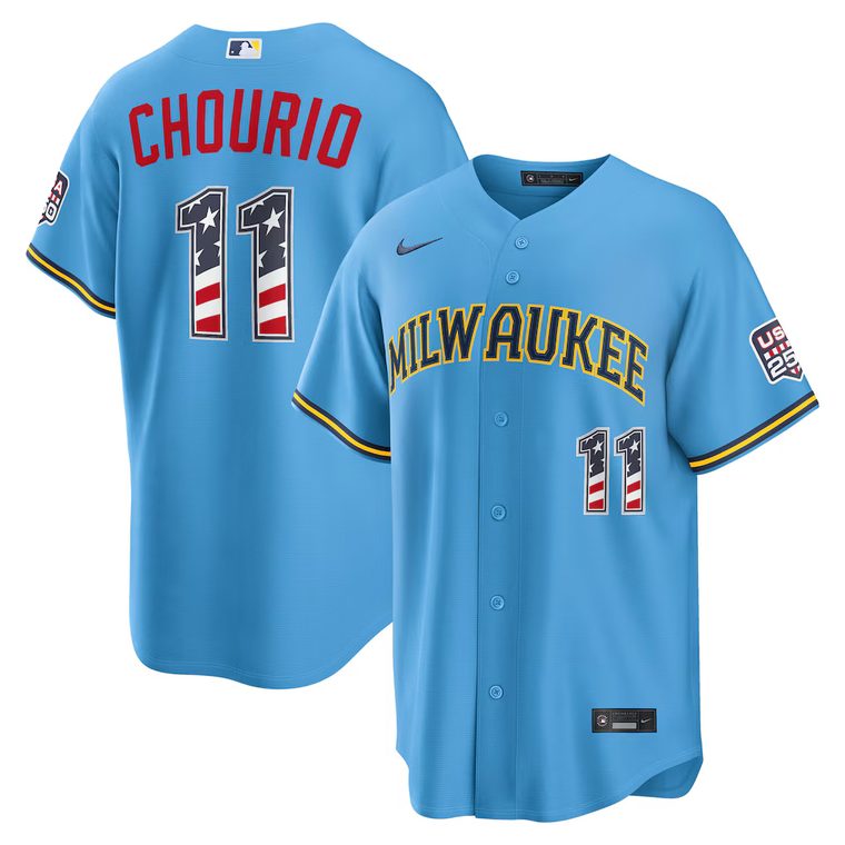 Milwaukee Brewers 2026 Fourth of July powder blue road jersey with flag-filled number