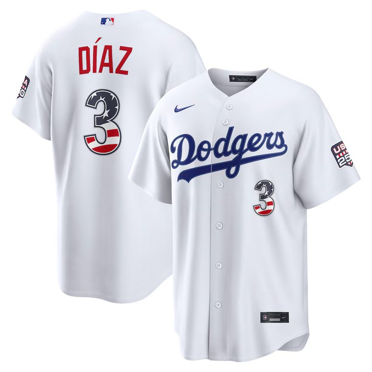 Los Angeles Dodgers 2026 Fourth of July home white jersey with blue script and flag-filled number