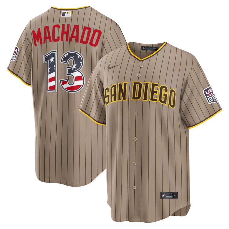 San Diego Padres 2026 Fourth of July sand alternate jersey with brown pinstripes, gold trim, and flag-filled number