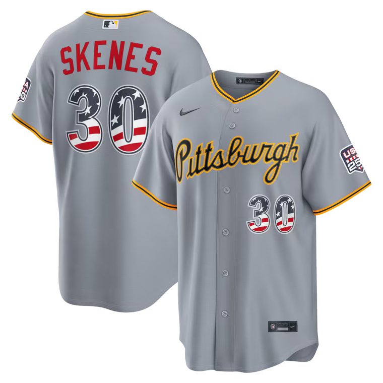 Pittsburgh Pirates 2026 Fourth of July road gray jersey with black and gold Pittsburgh script and flag-filled number