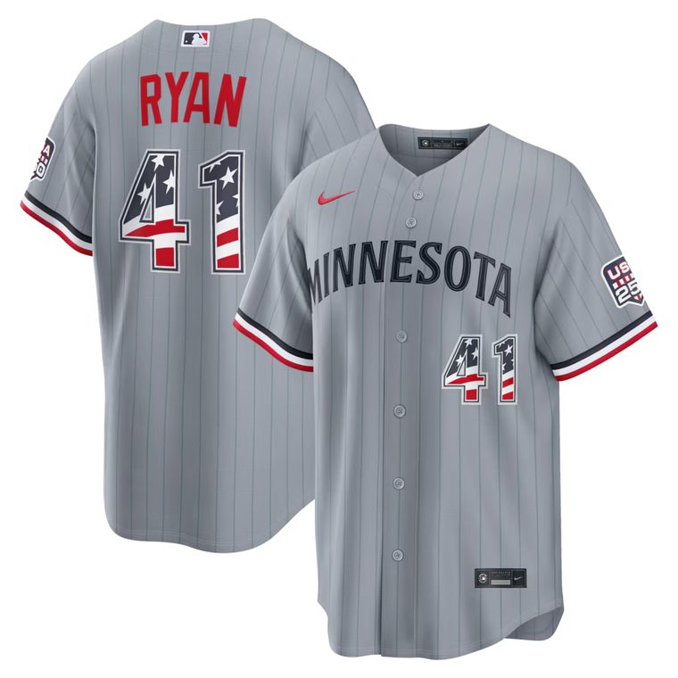 Minnesota Twins 2026 Fourth of July road gray jersey with navy and red trim and flag-filled number