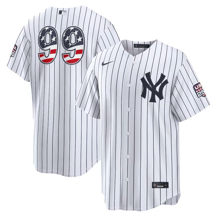 New York Yankees 2026 Fourth of July home white jersey with American flag filled number on the back