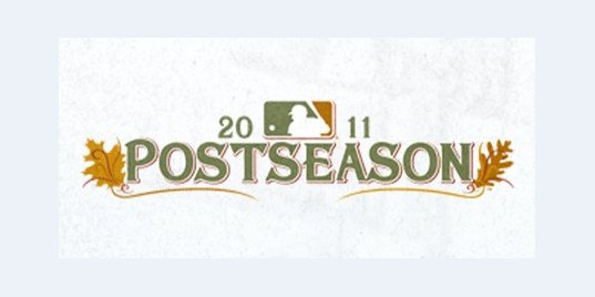 2011 MLB postseason logo, a gold and olive POSTSEASON wordmark framed by autumn leaves, with the MLB logo between 20 and 11