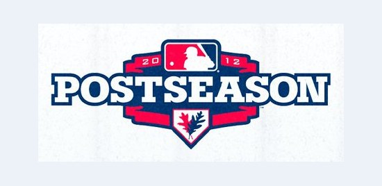 2012 MLB postseason logo, a white POSTSEASON wordmark on a red and navy shield with an oak leaf in the base and the MLB logo on top