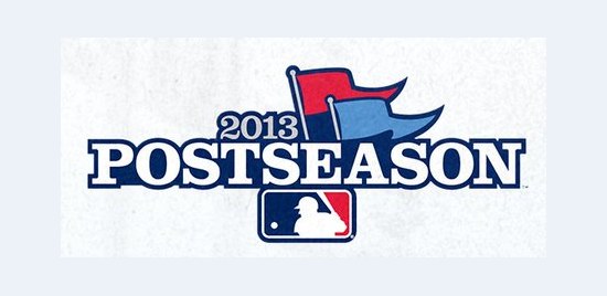 2013 MLB postseason logo, a navy POSTSEASON wordmark with red and light blue pennant flags flying off the year above it