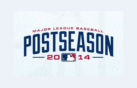 2014 MLB postseason logo, a tall condensed navy POSTSEASON wordmark under a red Major League Baseball arc with the year split around the MLB logo