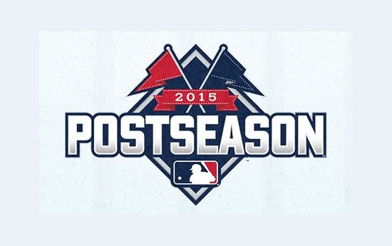 2015 MLB postseason logo, a POSTSEASON wordmark across a navy and silver baseball diamond with crossed red pennant flags on top
