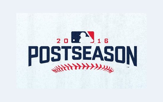 2016 MLB postseason logo, a navy POSTSEASON wordmark over a curved row of red baseball stitches, with the year split around the MLB logo
