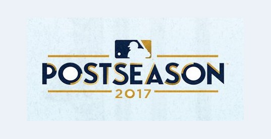 2017 MLB postseason logo, a navy POSTSEASON wordmark with gold rules and a gold 2017, with the MLB logo shaded in gold on top