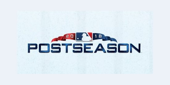 2018 MLB postseason logo, a flat navy POSTSEASON wordmark under a red, white and blue bunting ribbon holding the year and MLB logo