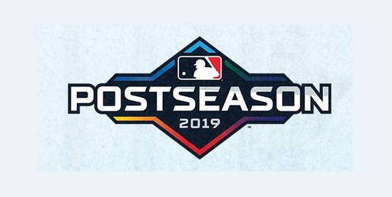 2019 MLB postseason logo, a black diamond with a rainbow gradient edge, white POSTSEASON wordmark and the MLB logo on top