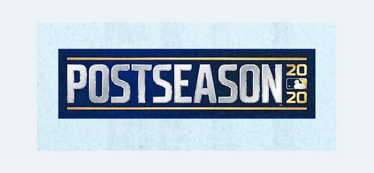 2020 MLB postseason logo, a silver POSTSEASON wordmark inside a navy box with the stacked 20 20 year and MLB logo at the right