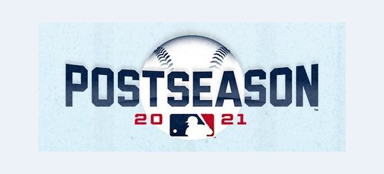 2021 MLB postseason logo, a navy POSTSEASON wordmark set over a white baseball rising behind the letters, with the year split around the MLB logo