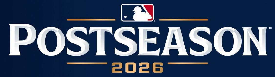 2026 MLB postseason logo, a serif POSTSEASON wordmark in white on navy with the MLB logo on top and a gold 2026, the same design used in 2024 and 2025