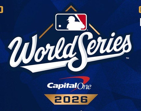 2026 World Series logo, a white cursive World Series script over a navy background with the MLB logo atop a gold diamond, Capital One and a gold 2026 banner