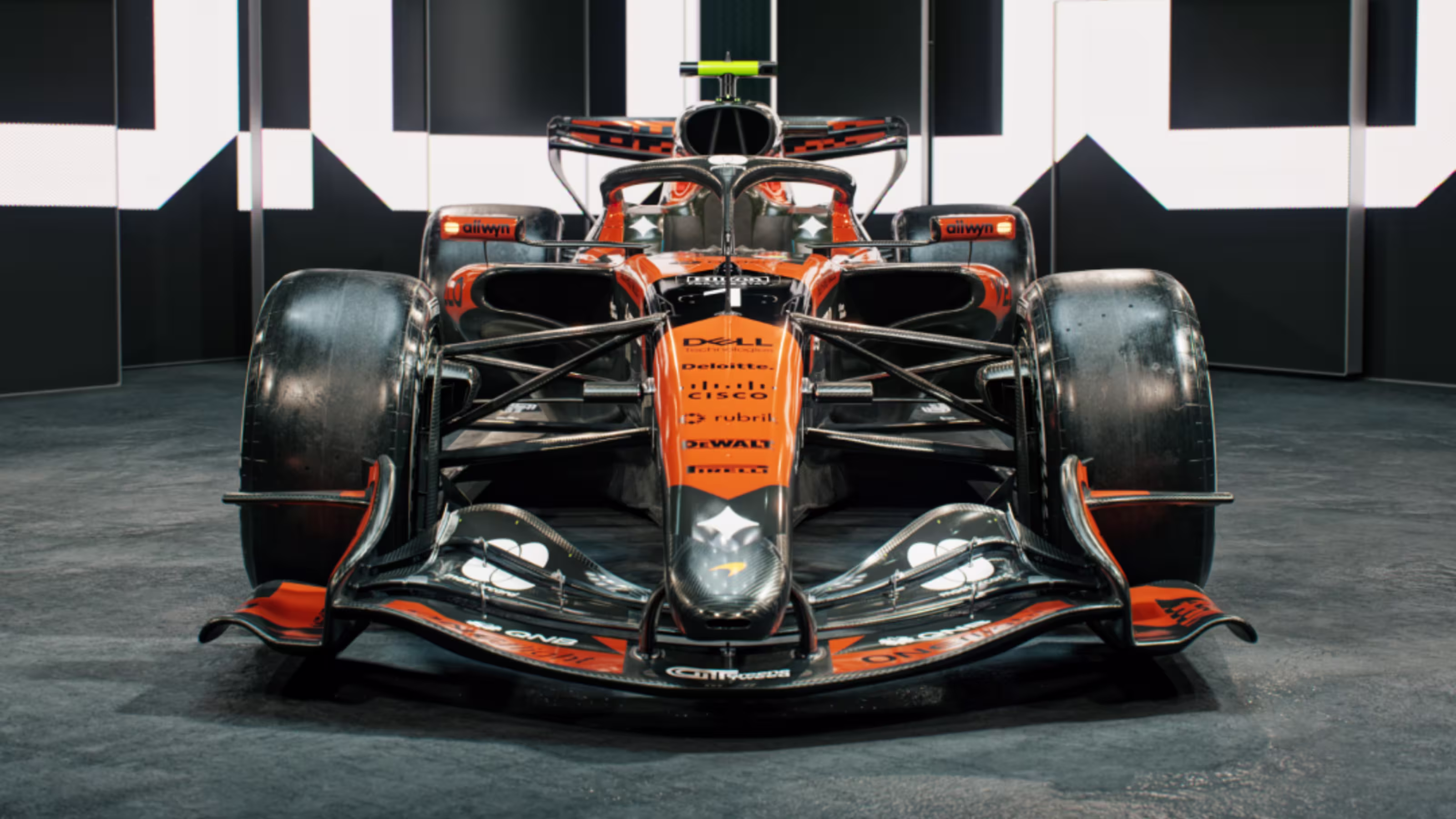 McLaren F1 Monaco Grand Prix 2026 special livery head-on front view of the MCL40 showing the orange and black nose, the front wing detail, and the brake duct chimney design