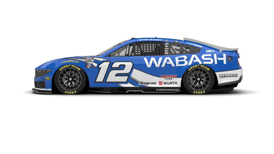 Ryan Blaney 2026 Wabash throwback paint scheme full driver side layout render showing the royal blue body, white WABASH quarter panel wordmark, white number 12, MENARDS white rear decklid, Discount Tire Snap-on and Würth rocker panel marks, DEX C-pillar logo, and yellow-letter Goodyear Eagle tires