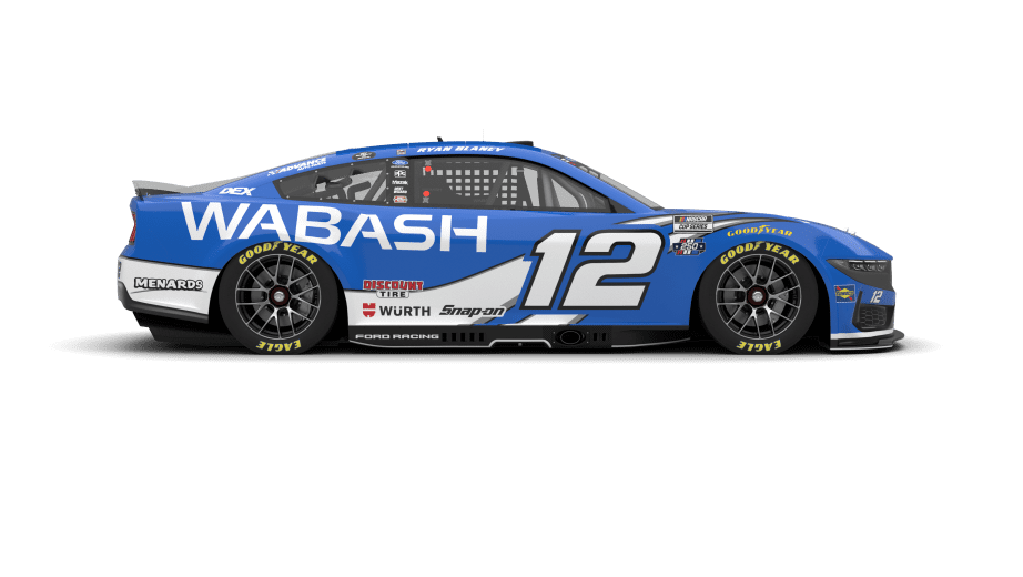 Ryan Blaney 2026 Wabash throwback paint scheme full passenger side layout render of the royal blue Ford Mustang Dark Horse showing the mirrored white swoosh bodywork, WABASH wordmark, white number 12, and the Team Penske sponsor stack