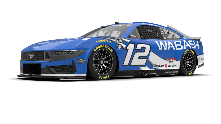 Ryan Blaney 2026 Wabash throwback paint scheme driver front quarter render on a white background showing the Ford Mustang Dark Horse grille, Sunoco nose decal, USA 250 anniversary patch beside the door number, and the white over blue swoosh layout inherited from the Ryan Newman Alltel car