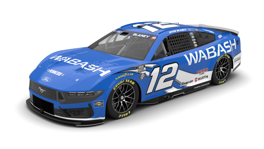 Ryan Blaney #12 Team Penske Wabash Ford Mustang Dark Horse 2026 throwback paint scheme front three-quarter render in royal blue with the white WABASH wordmark on the rear quarter panel, white number 12, Pennzoil hood mark, Sunoco nose decal, yellow-letter Goodyear Eagle tires, and the USA 250 anniversary patch beside the door number for the Pocono Raceway race on June 14 2026