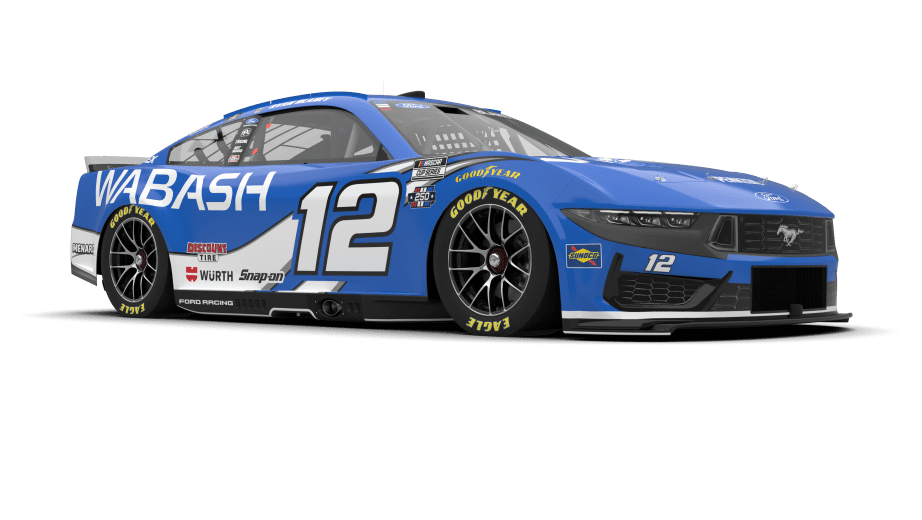 Ryan Blaney 2026 Wabash throwback paint scheme passenger front quarter render showing the royal blue and white two-tone bodywork, the white WABASH wordmark down the side, and the yellow-letter Goodyear Eagle tires that complete the 2000s era throwback look