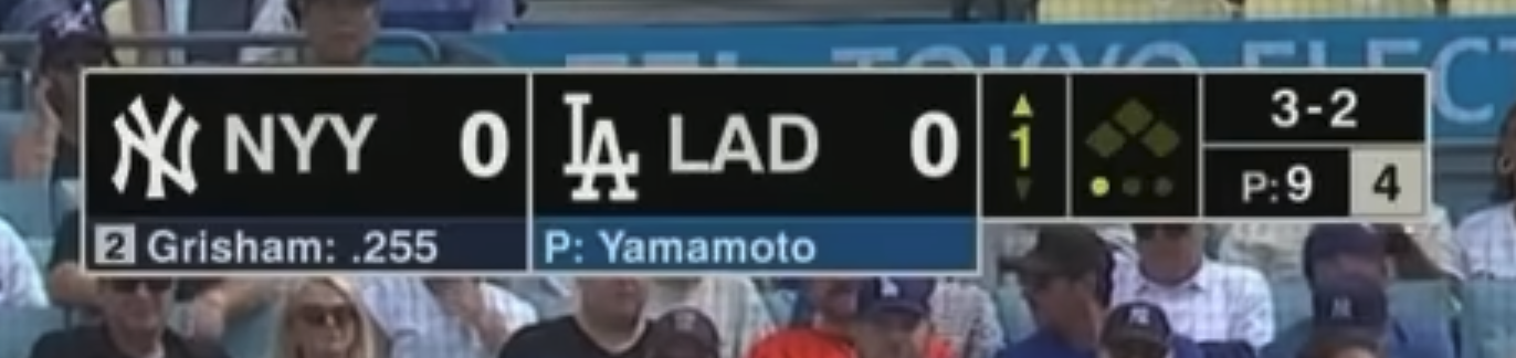 ESPN MLB scorebug 2025 showing Yankees vs Dodgers with black design