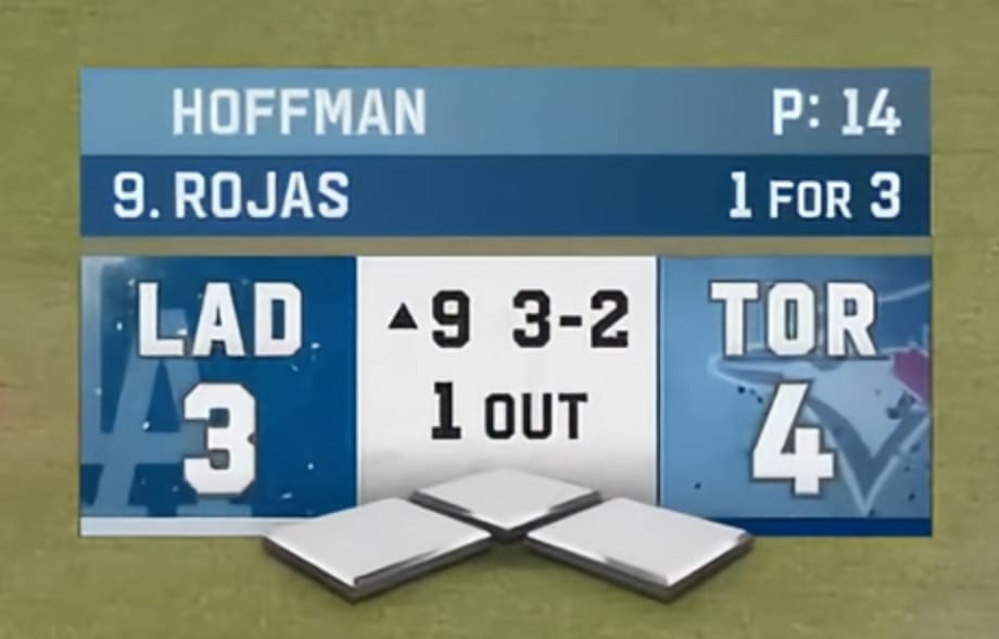 Fox MLB scorebug from the 2025 World Series showing Dodgers vs Blue Jays