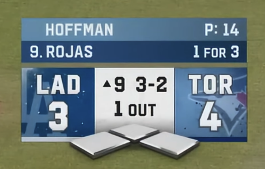 Fox MLB scorebug from the 2025 World Series showing Dodgers vs Blue Jays