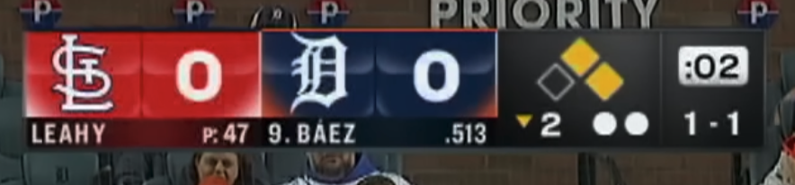 NBC national MLB scorebug 2026 showing Cardinals vs Tigers