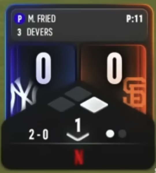 Netflix MLB scorebug 2026 showing Yankees vs Giants
