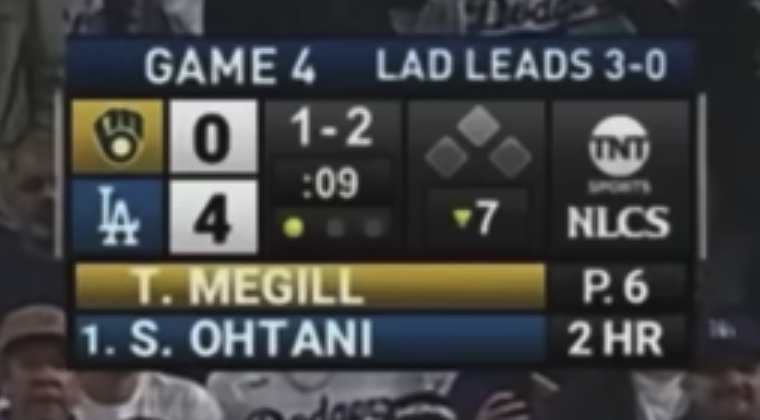 TNT Sports MLB scorebug from NLCS Game 4 showing Brewers vs Dodgers