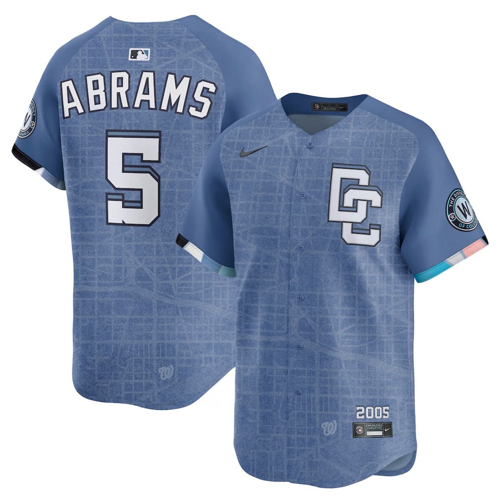 Washington Nationals 2026 District Blueprint City Connect jersey by Nike, blue with a DC street-map pattern and the interlocking DC monogram