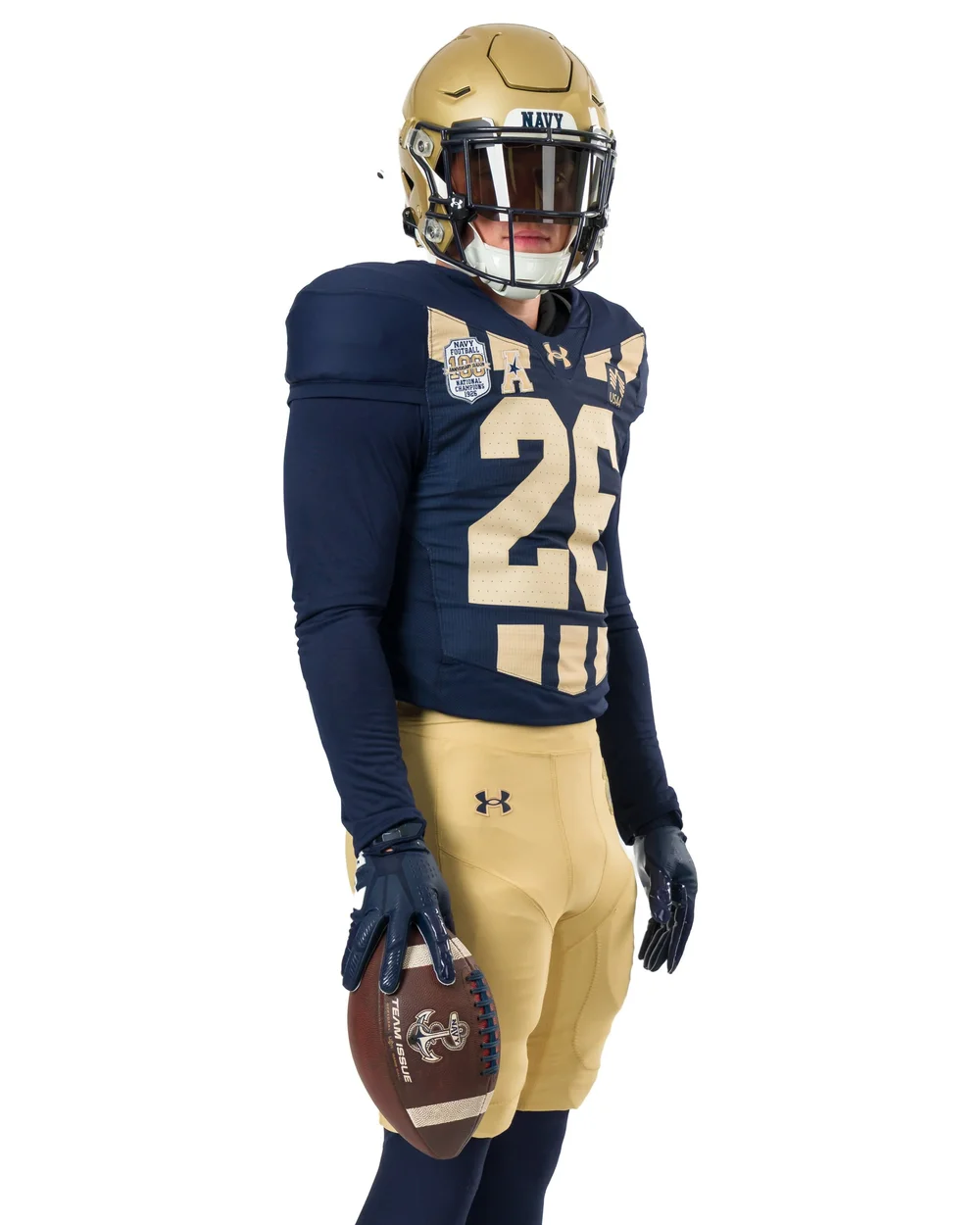 Navy 1926 centennial uniform: gold helmet, navy jersey with gold chevron stripes, gold pants
