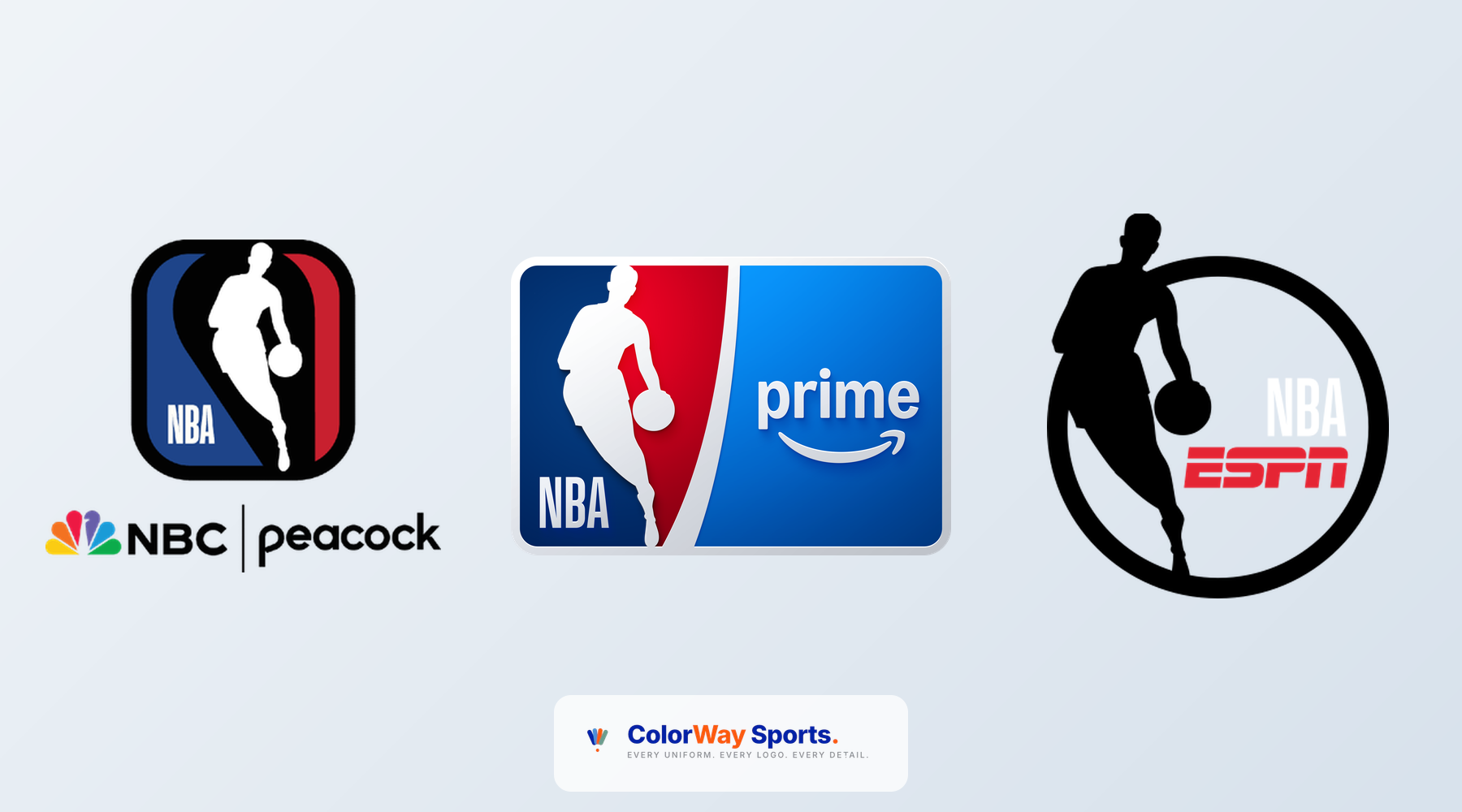 NBA on NBC, NBA on Prime, and NBA on ESPN logos lined up for the 2025-26 NBA broadcast theme song ranking