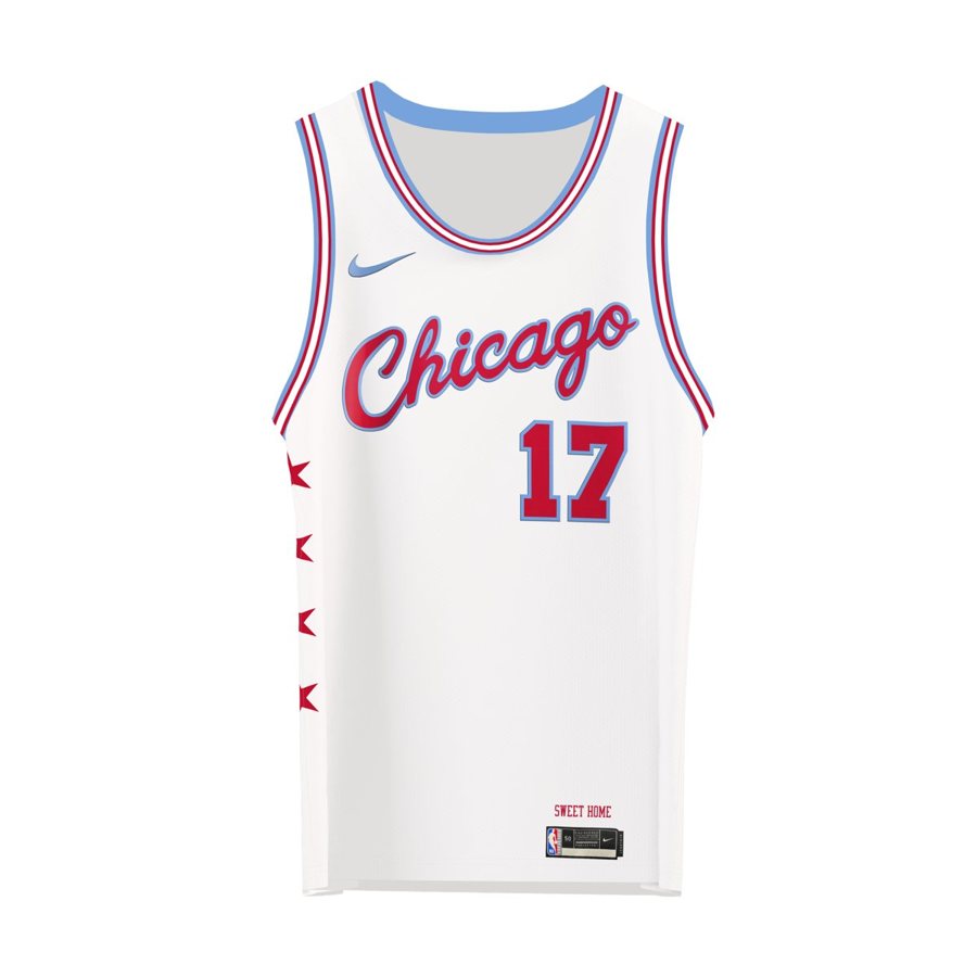 Chicago Bulls 2017-18 City Edition jersey, white with a red Chicago script and four red six-pointed stars from the Chicago flag down the side, returning for 2026-27