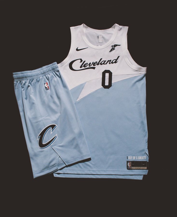 Cleveland Cavaliers 2018-19 Earned Edition uniform, white fading into light blue with a navy Cleveland script, the design returning as the 2026-27 City Edition
