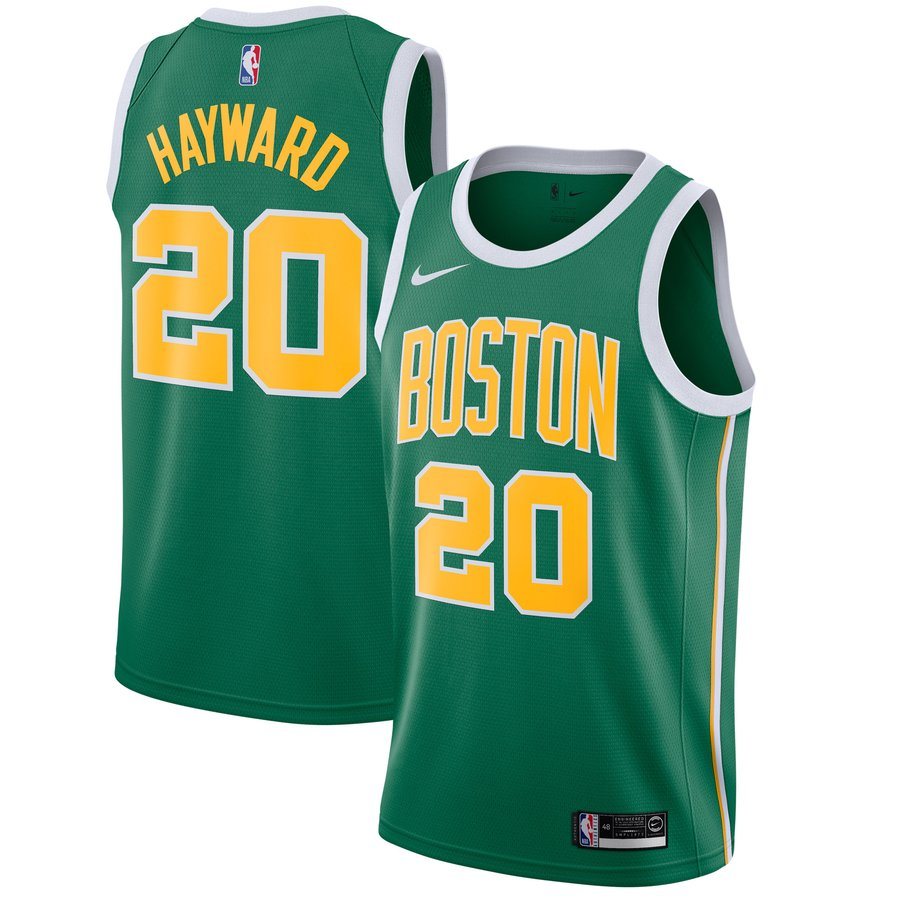 Boston Celtics 2018-19 Earned Edition jersey, kelly green with a gold BOSTON wordmark and gold numbers with white trim, the design returning as the 2026-27 City Edition