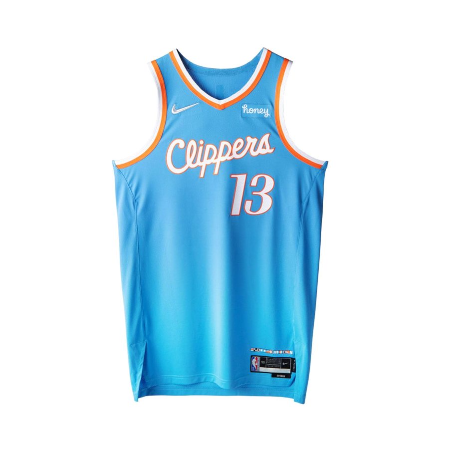 LA Clippers 2021-22 City Edition jersey, Pacific Blue with a white Clippers script and orange and navy trim, returning for 2026-27