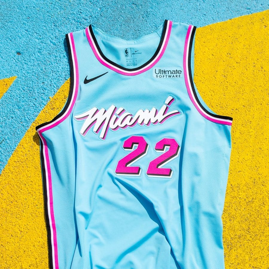 Miami Heat 2019-20 ViceWave City Edition jersey, Blue Gale light blue with a hot pink Miami script, returning for 2026-27