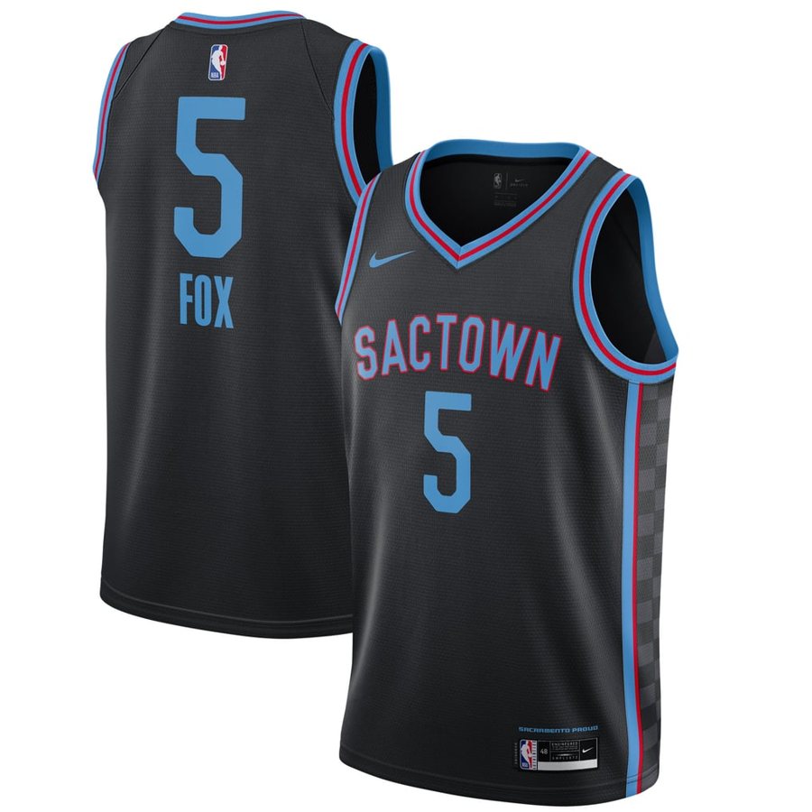 Sacramento Kings 2020-21 SACTOWN City Edition jersey, black with a light blue SACTOWN wordmark and purple and blue trim, returning for 2026-27