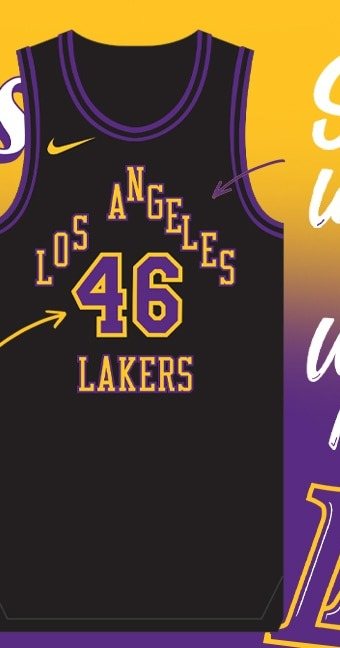 Los Angeles Lakers 2023-24 City Edition jersey, black with LOS ANGELES arched over the number and LAKERS below in gold with purple outline, returning for 2026-27