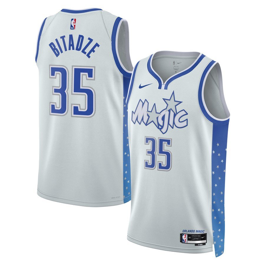Orlando Magic 2025-26 City Edition jersey, platinum gray with a blue Magic script and a blue star pattern on the side panel, returning for 2026-27