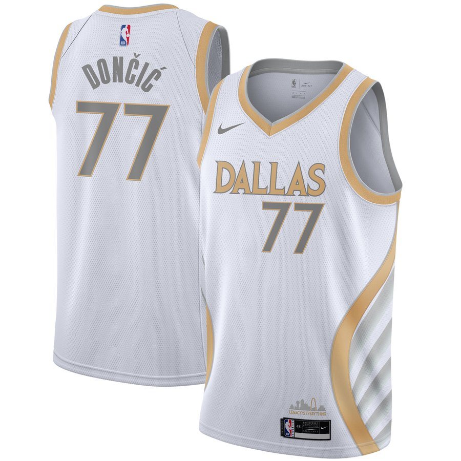 Dallas Mavericks 2020-21 City Edition jersey, white with gold trim and a gold DALLAS wordmark, the design returning for 2026-27