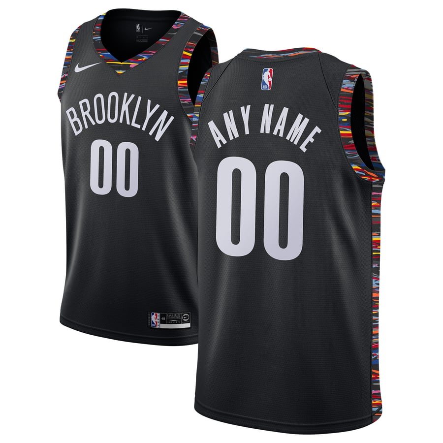 Brooklyn Nets City Edition jersey honoring the Notorious B.I.G., black with a BROOKLYN wordmark and multicolor Coogi sweater pattern trim, returning for 2026-27