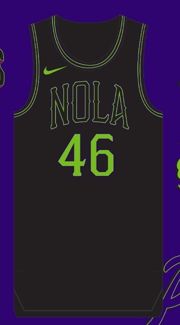 New Orleans Pelicans 2023-24 City Edition jersey, black with a neon green NOLA wordmark and green trim, returning for 2026-27