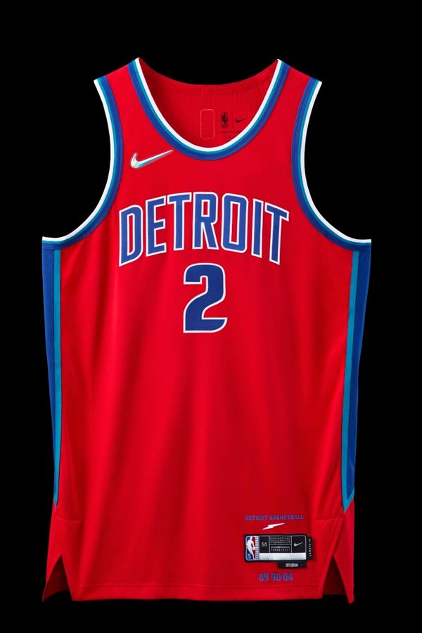 Detroit Pistons 2021-22 City Edition jersey, red with a blue DETROIT wordmark and blue, teal and white trim, returning for 2026-27
