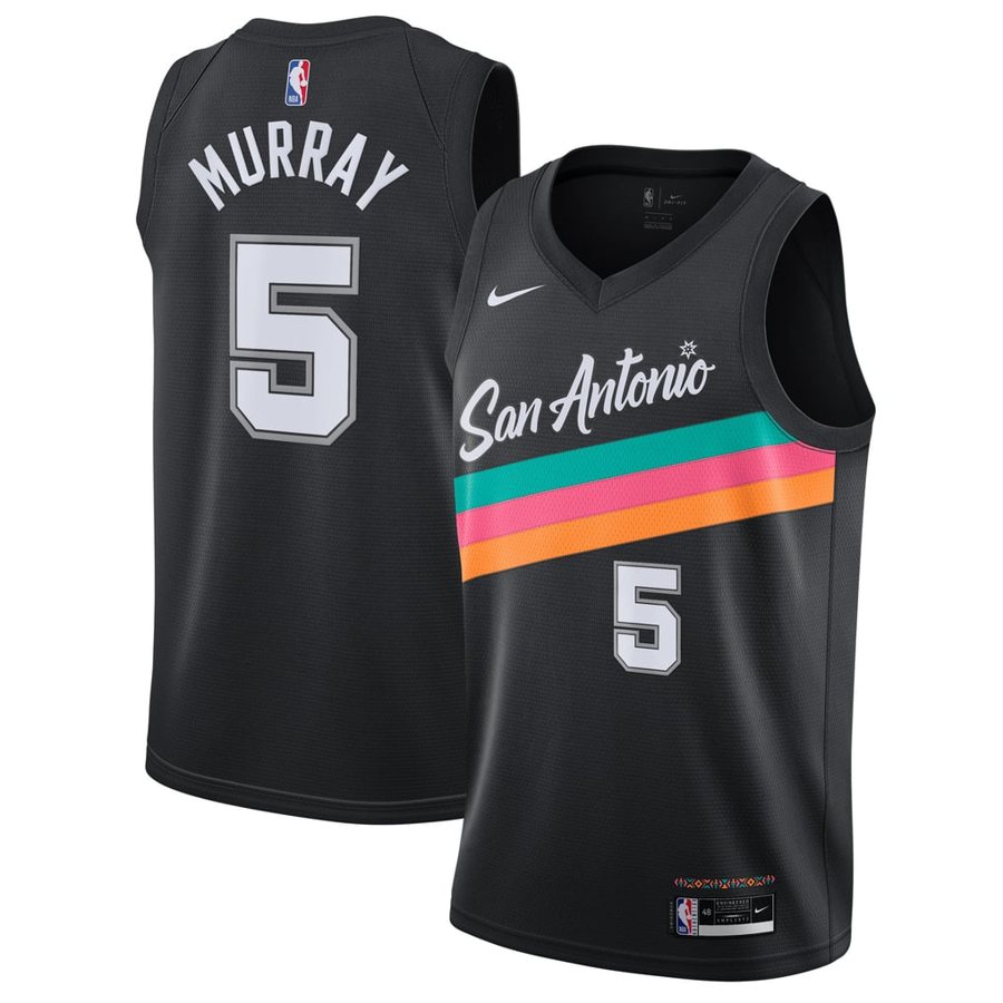San Antonio Spurs Fiesta City Edition jersey, black with a San Antonio script over pink, teal and orange Fiesta stripes, returning for 2026-27